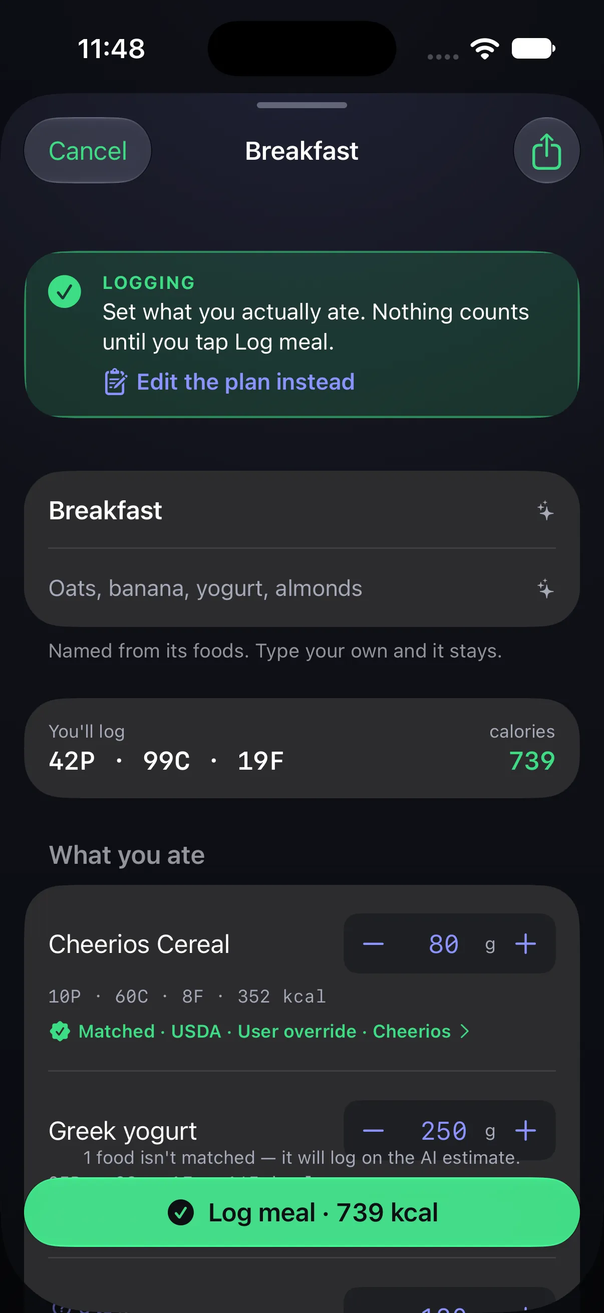 A meal in Log mode, green: what you ate, with a Log meal button for 761 kcal.