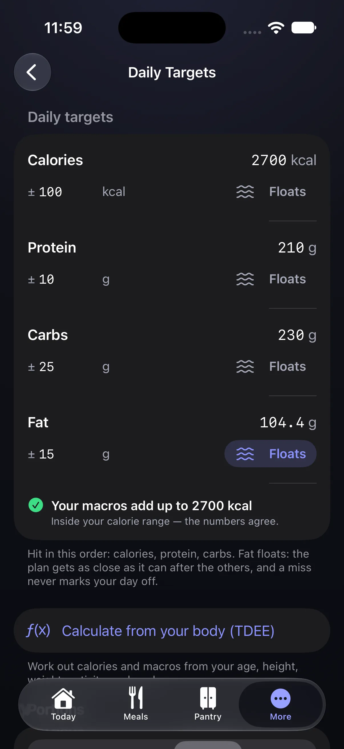 The Daily Targets screen: calories 2700 ±100, protein 210 ±10, carbs 230 ±25, fat 104 floats ±15, and a note that the macros add up to 2700 kcal.